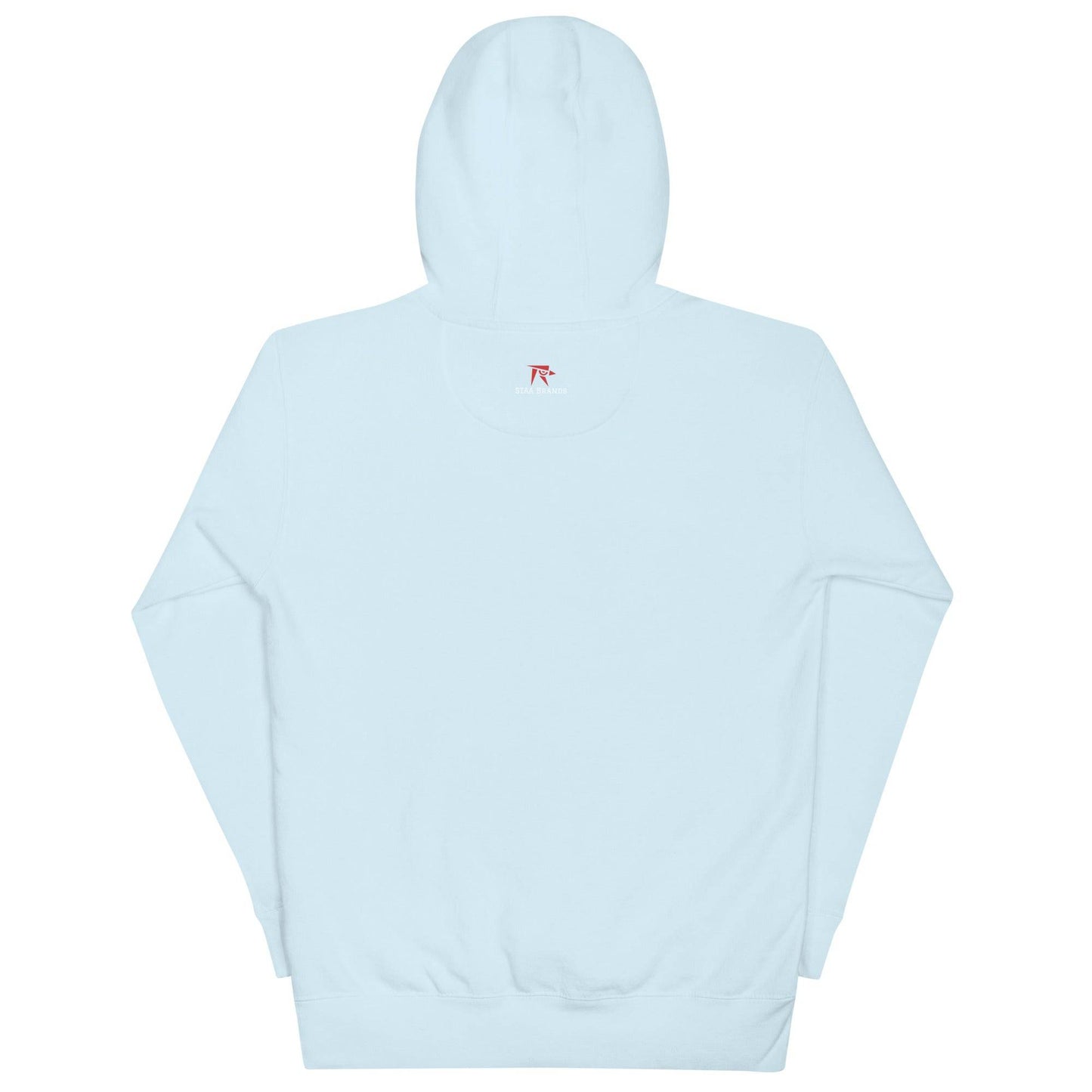a white sweatshirt with a red logo on the chest