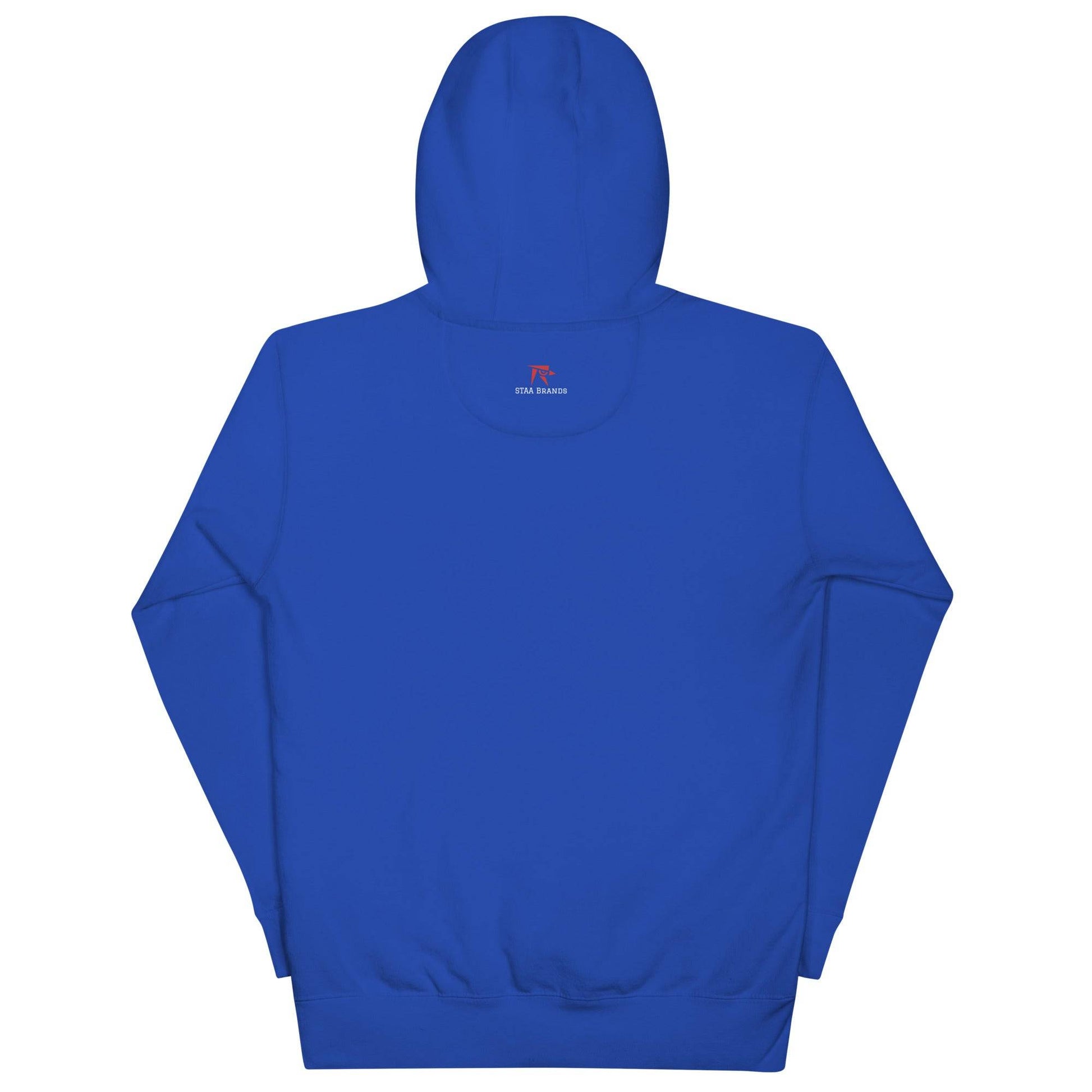 a blue hoodie with a red apple on it