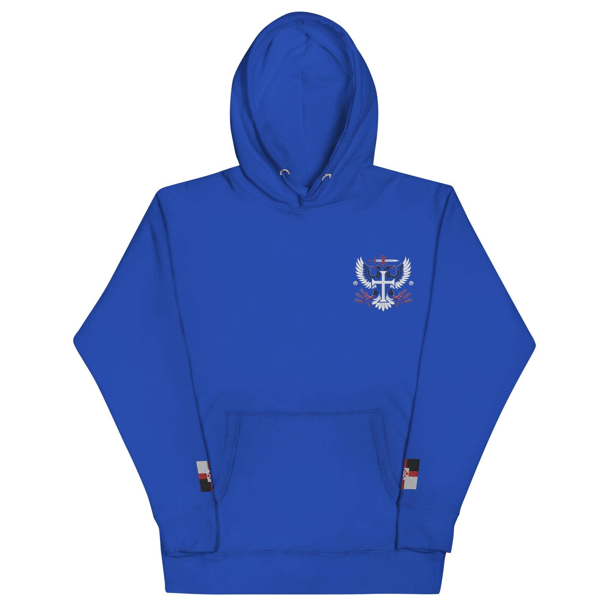 a blue hoodie with a white eagle on it