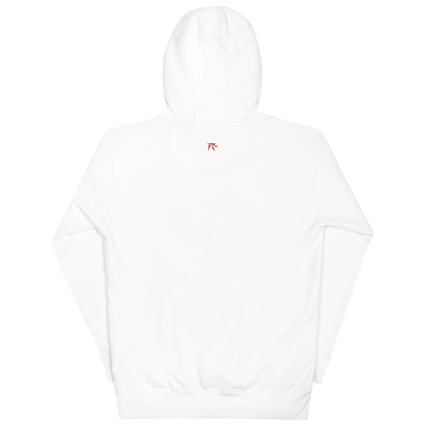 a white sweatshirt with a red logo on the chest