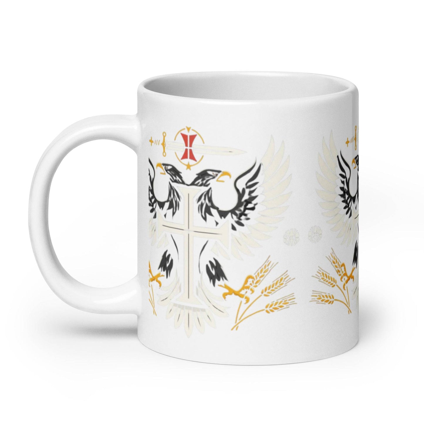 a white coffee mug with gold and black designs