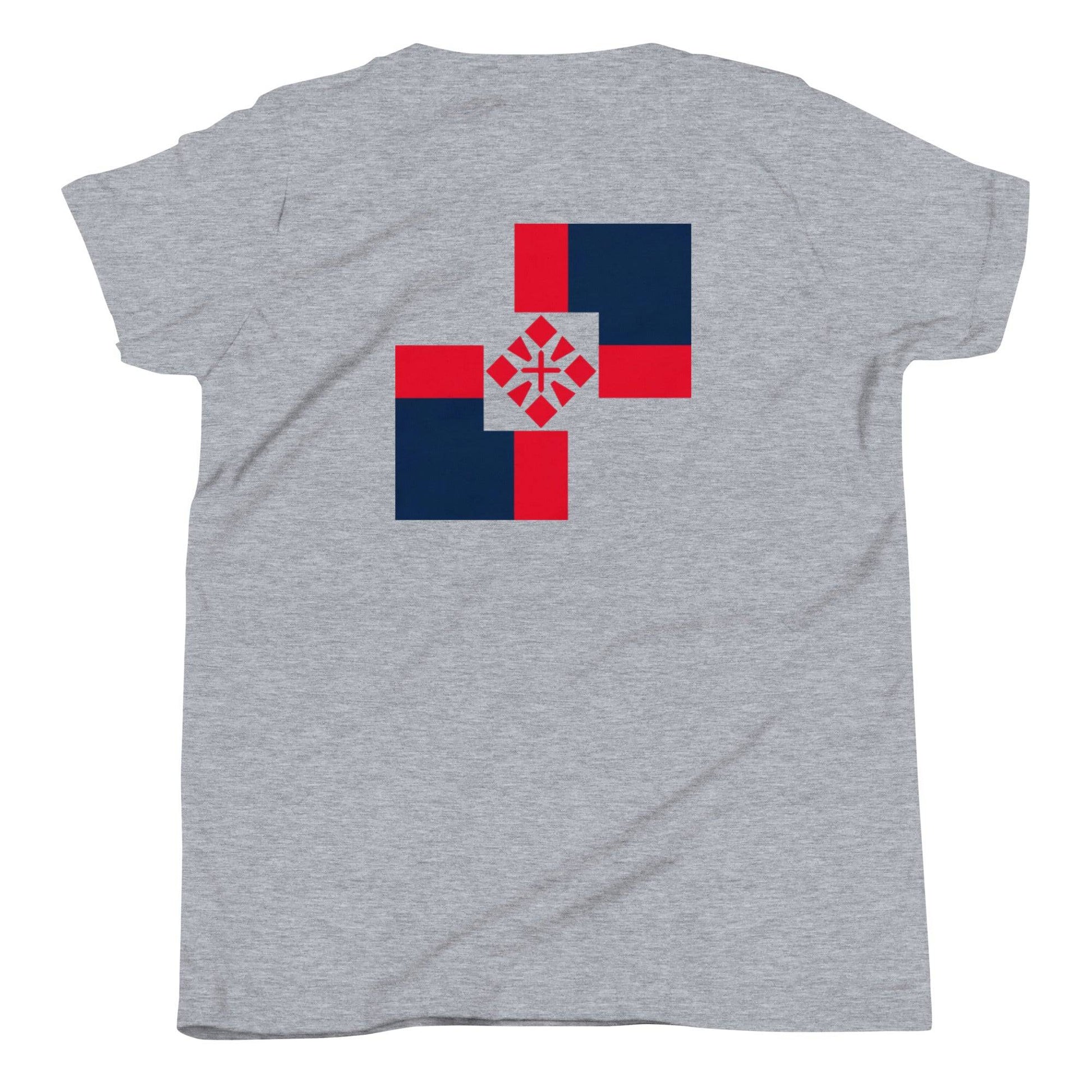 a gray t - shirt with a red, white and blue cross on it