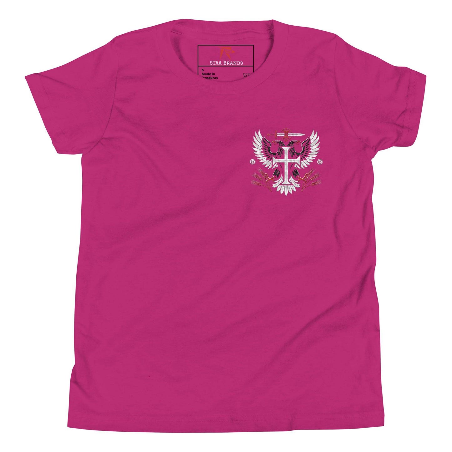 a pink t - shirt with a cross on it