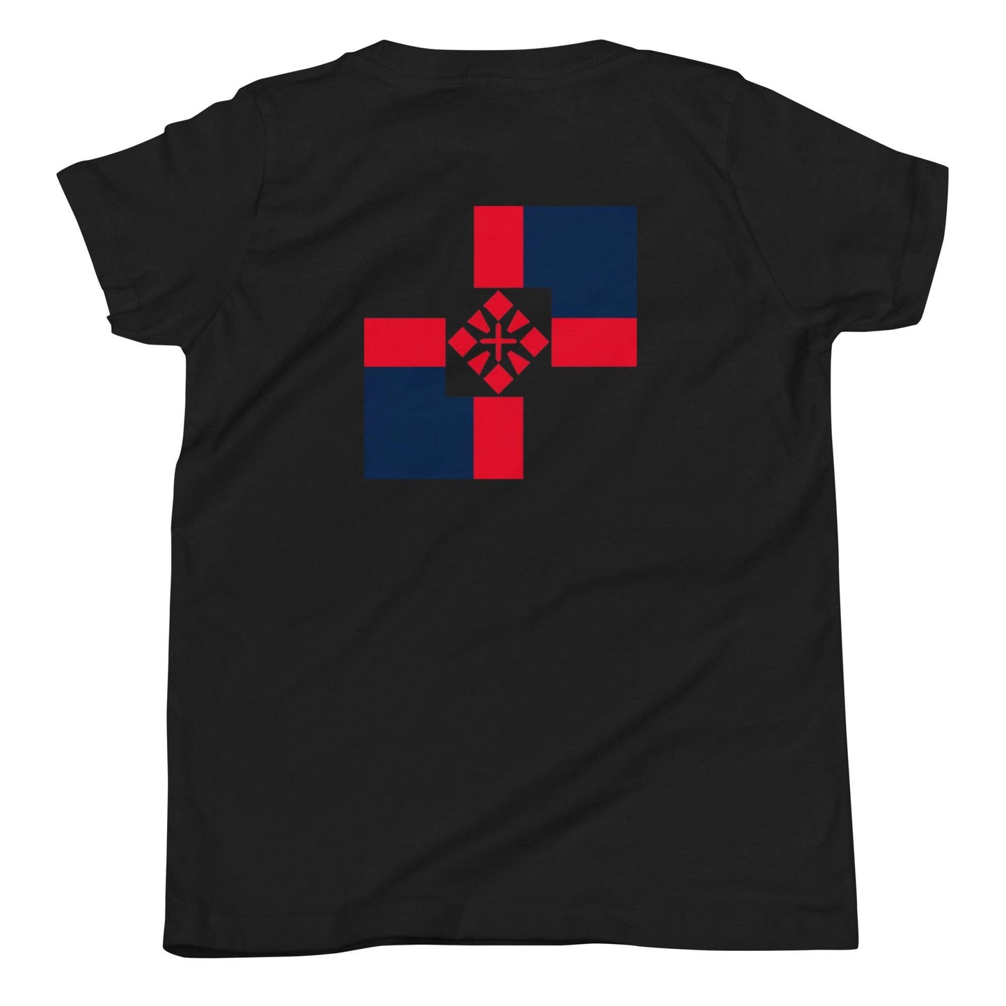 a black t - shirt with a red and blue cross on it