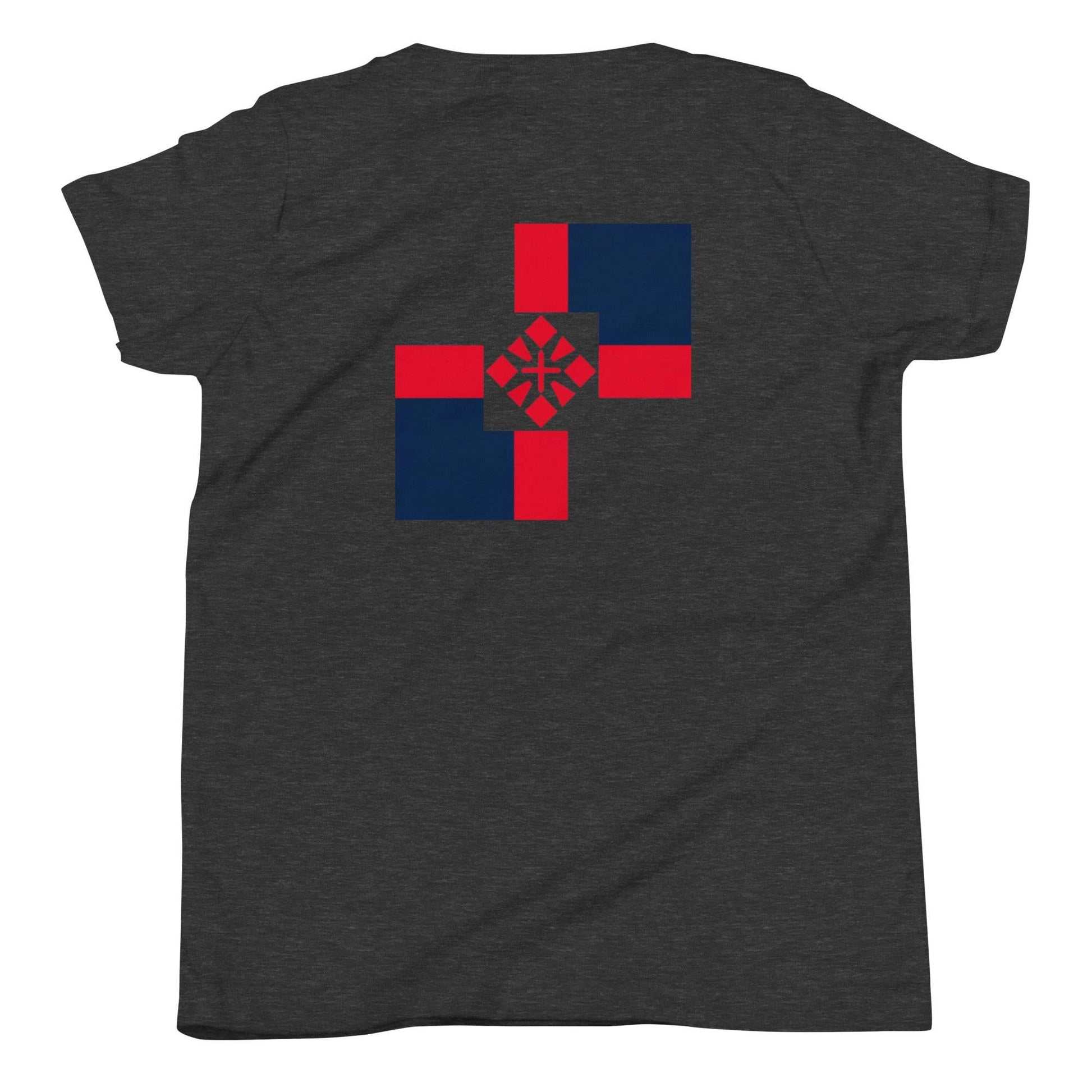 a black t - shirt with a red, blue and red cross on it