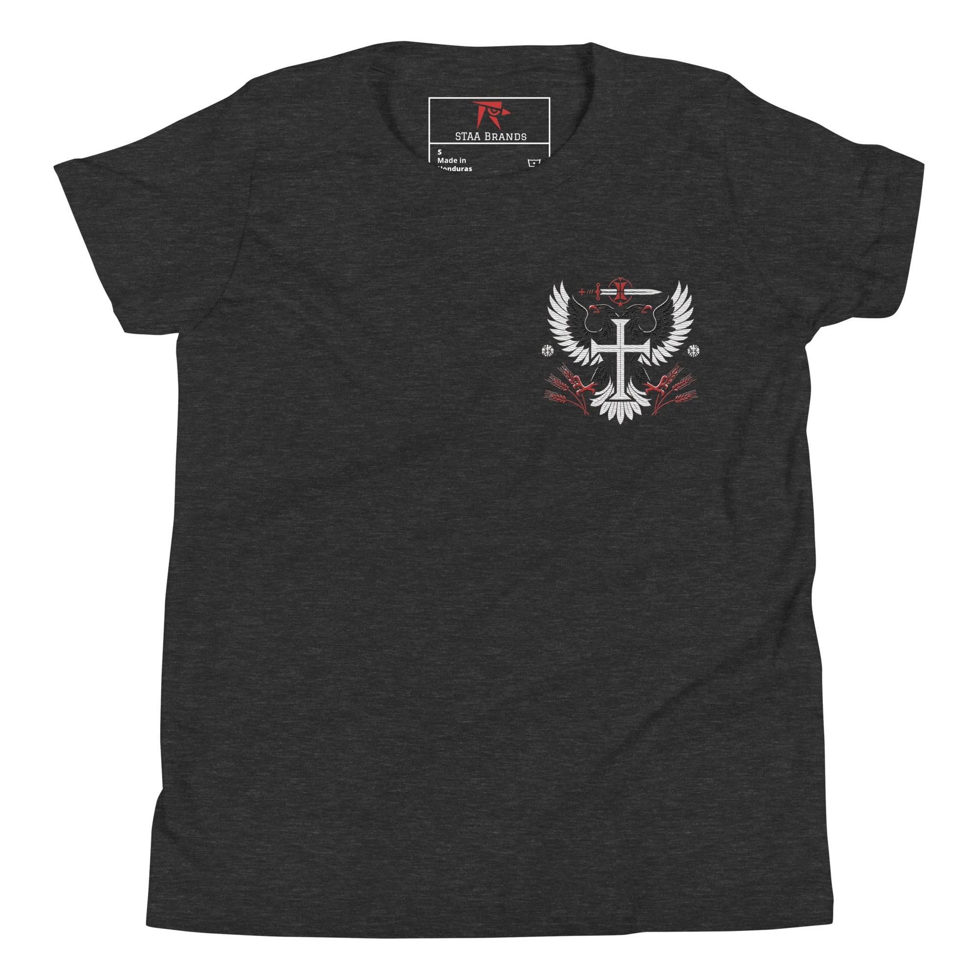 a black t - shirt with a cross and wings on it