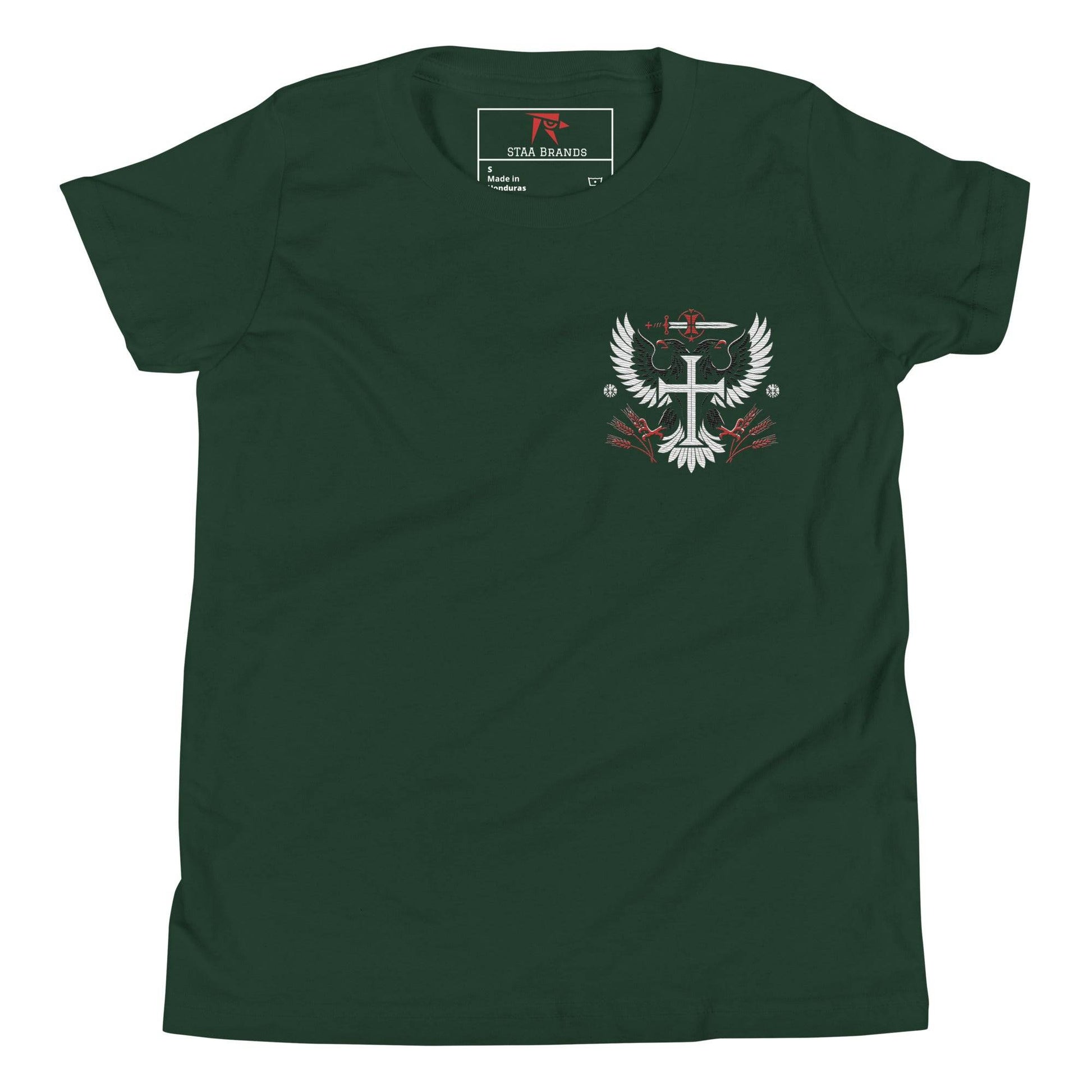 a green t - shirt with the emblem of a cross