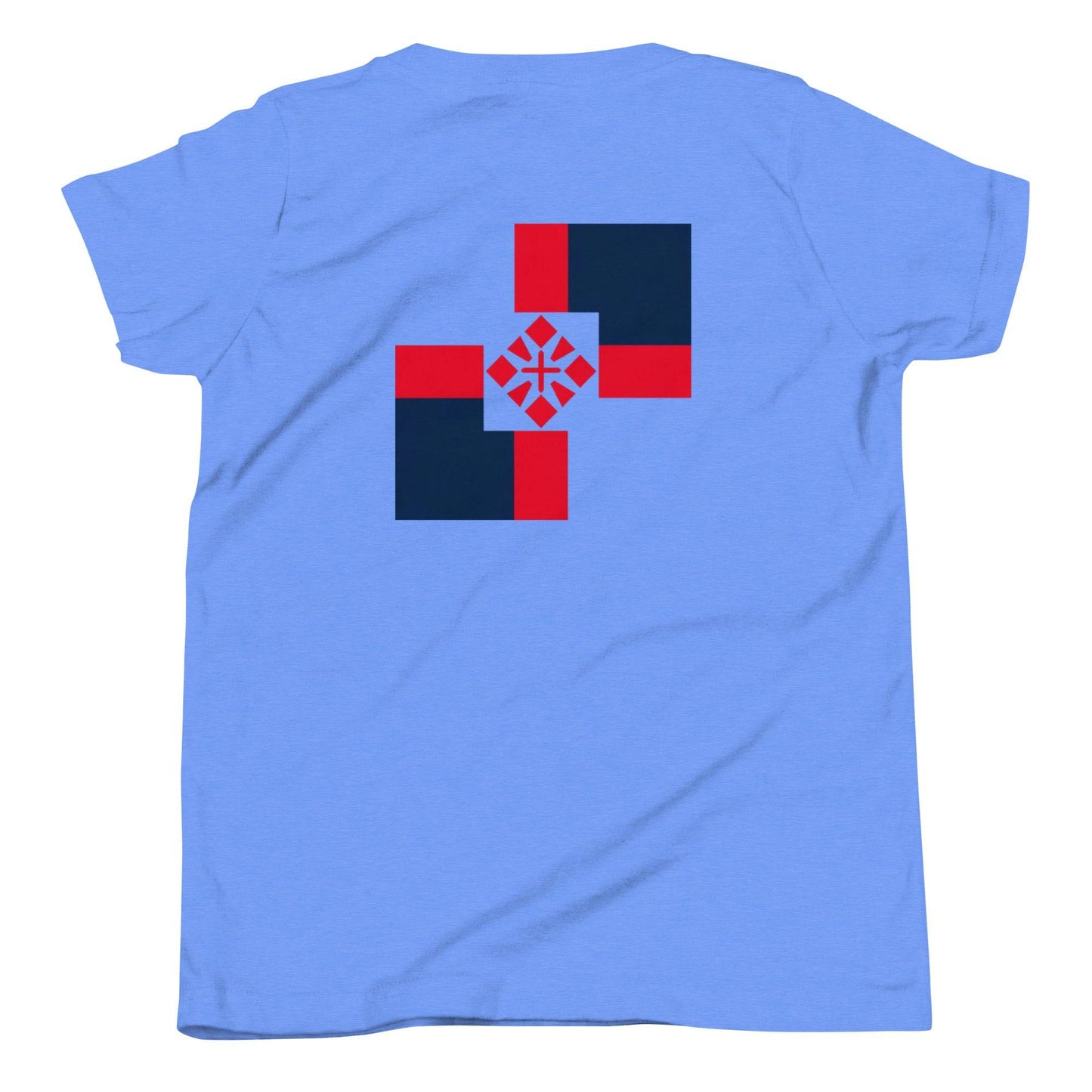 a blue t - shirt with a red cross on it