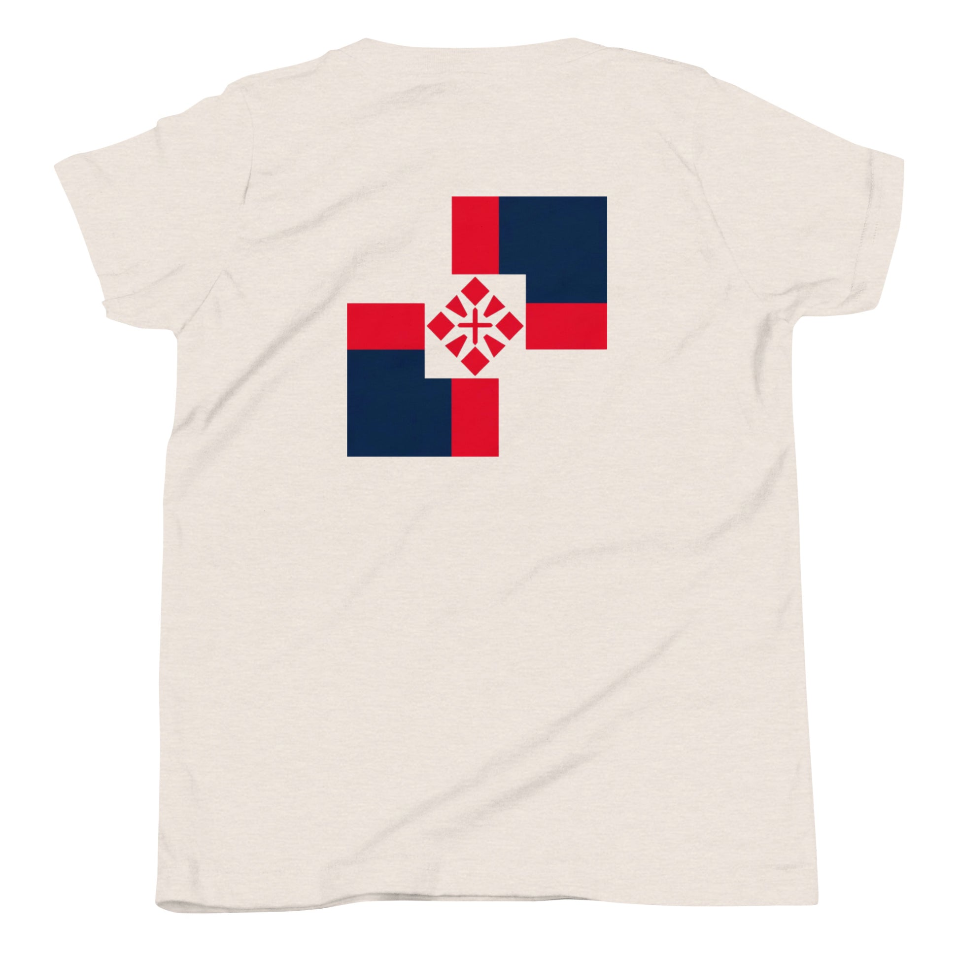 a white t - shirt with a red, blue and white cross on it