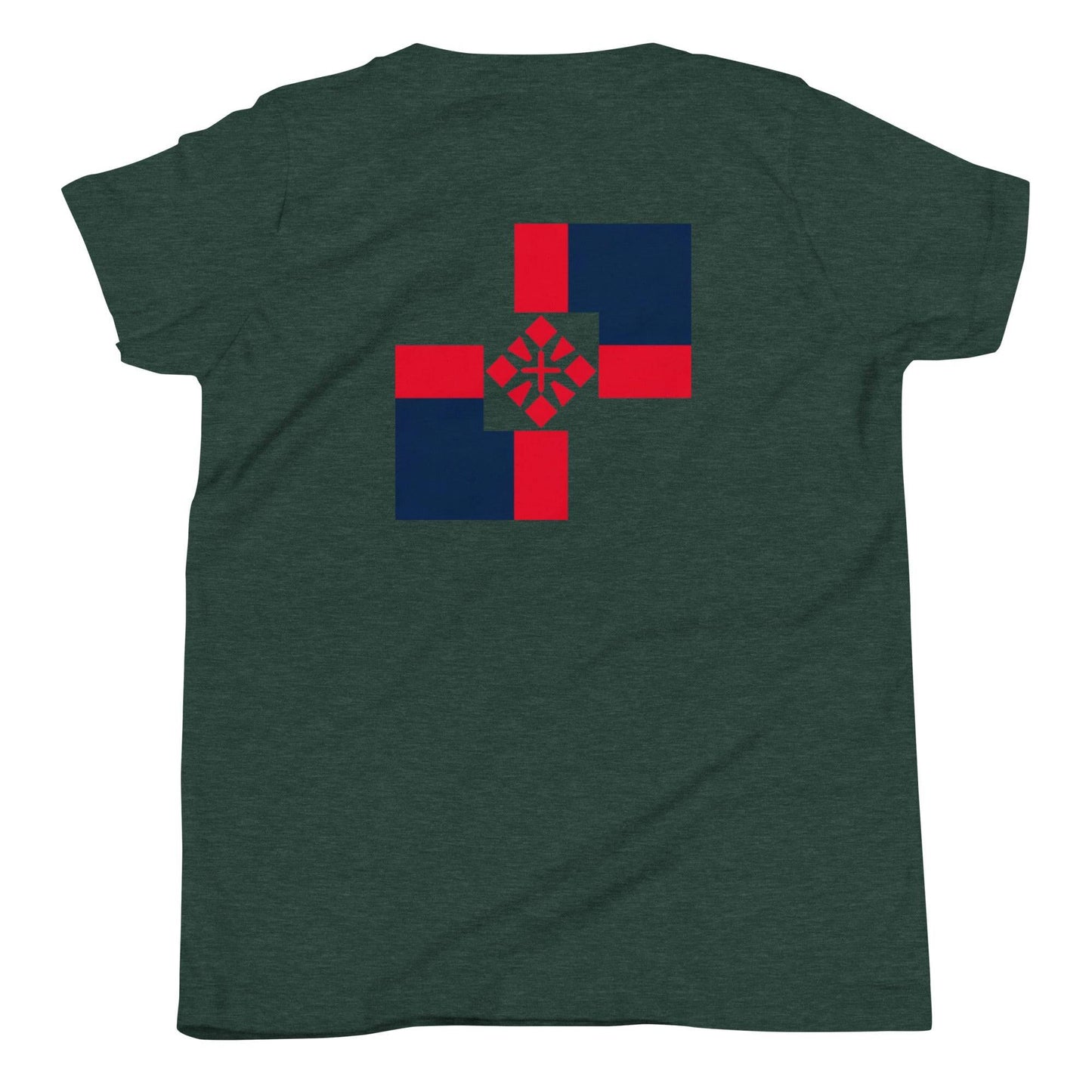 a green t - shirt with a red and blue cross on it