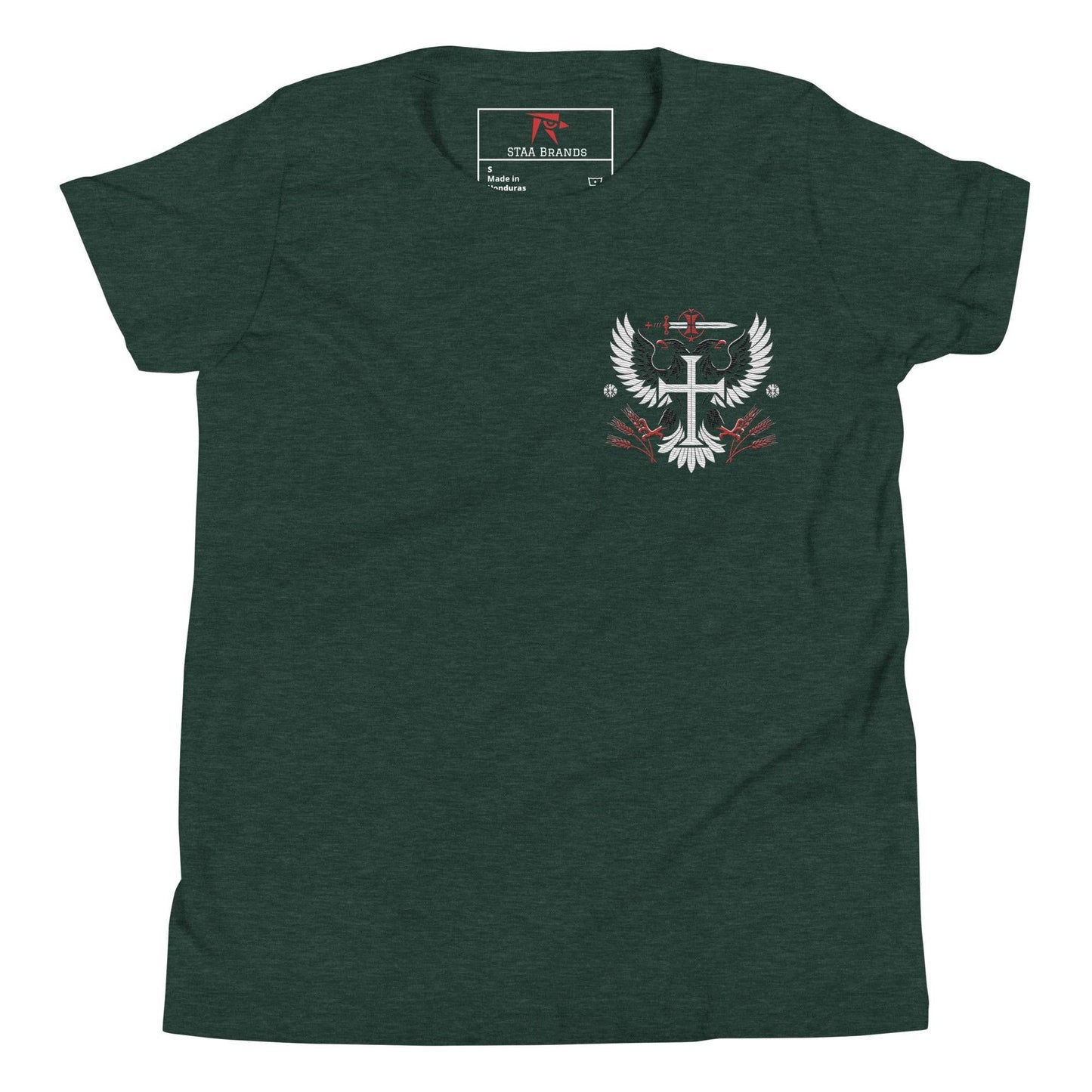 a dark green t - shirt with a white cross on it