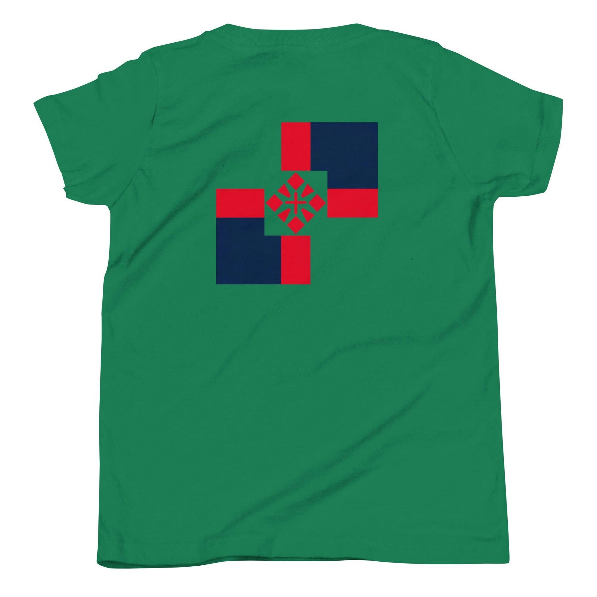 a green t - shirt with a red and blue cross on it