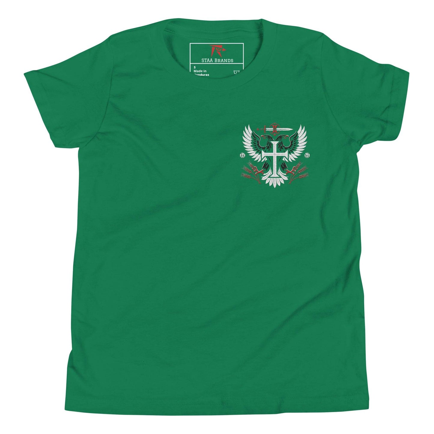 a green t - shirt with the emblem of a cross on it