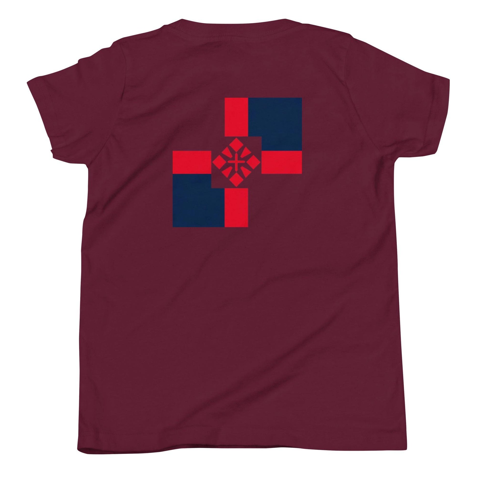 a maroon t - shirt with a blue and red cross on it