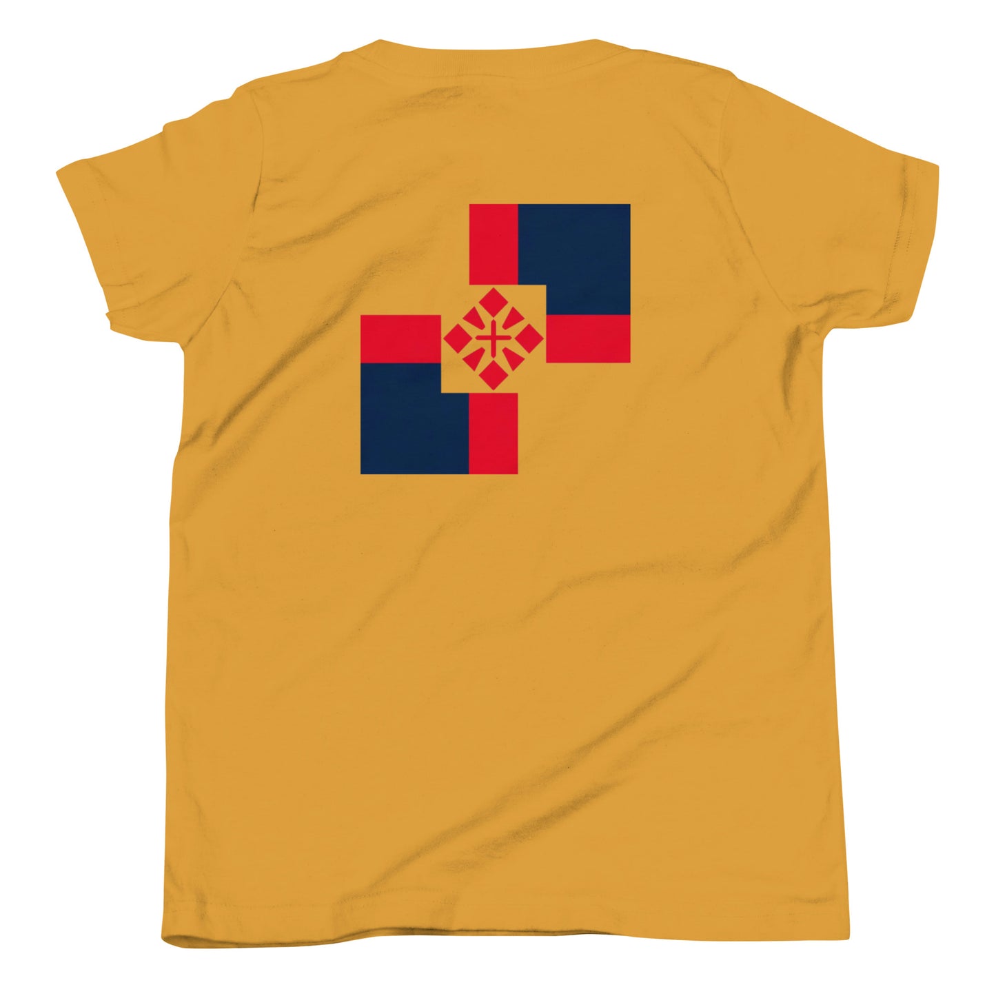 a yellow t - shirt with a red, blue and yellow design