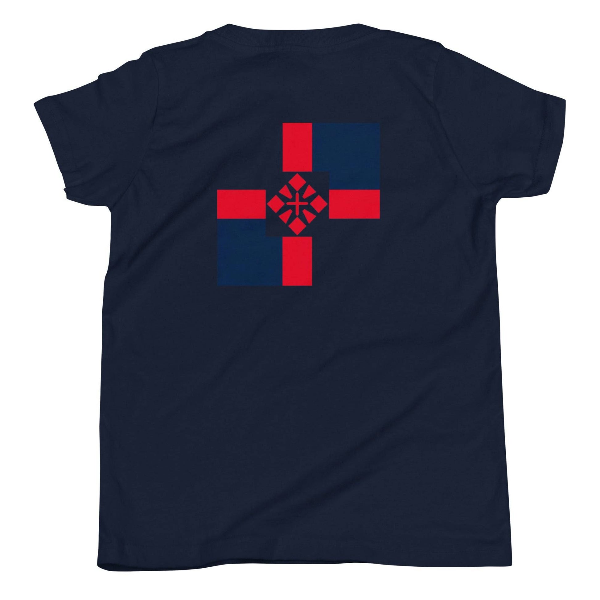 a blue t - shirt with a red cross on it