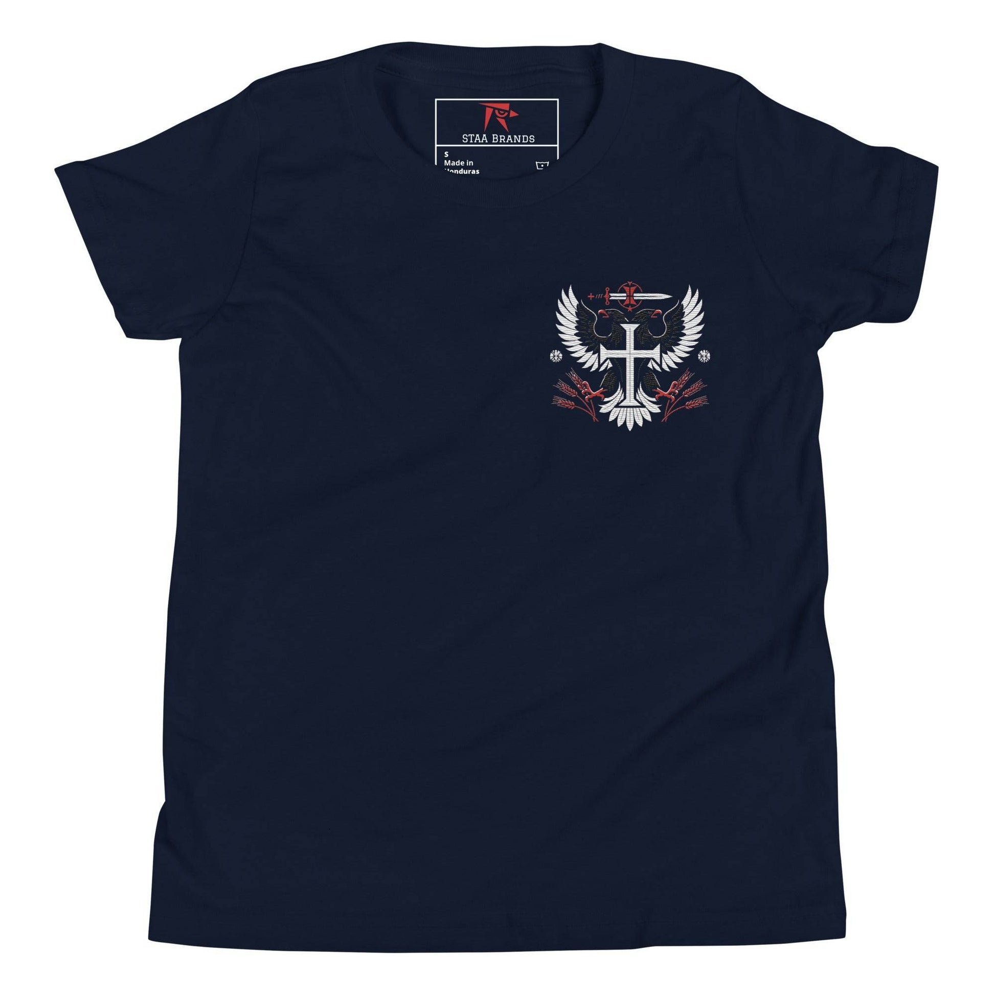 a navy t - shirt with a cross and wings on it