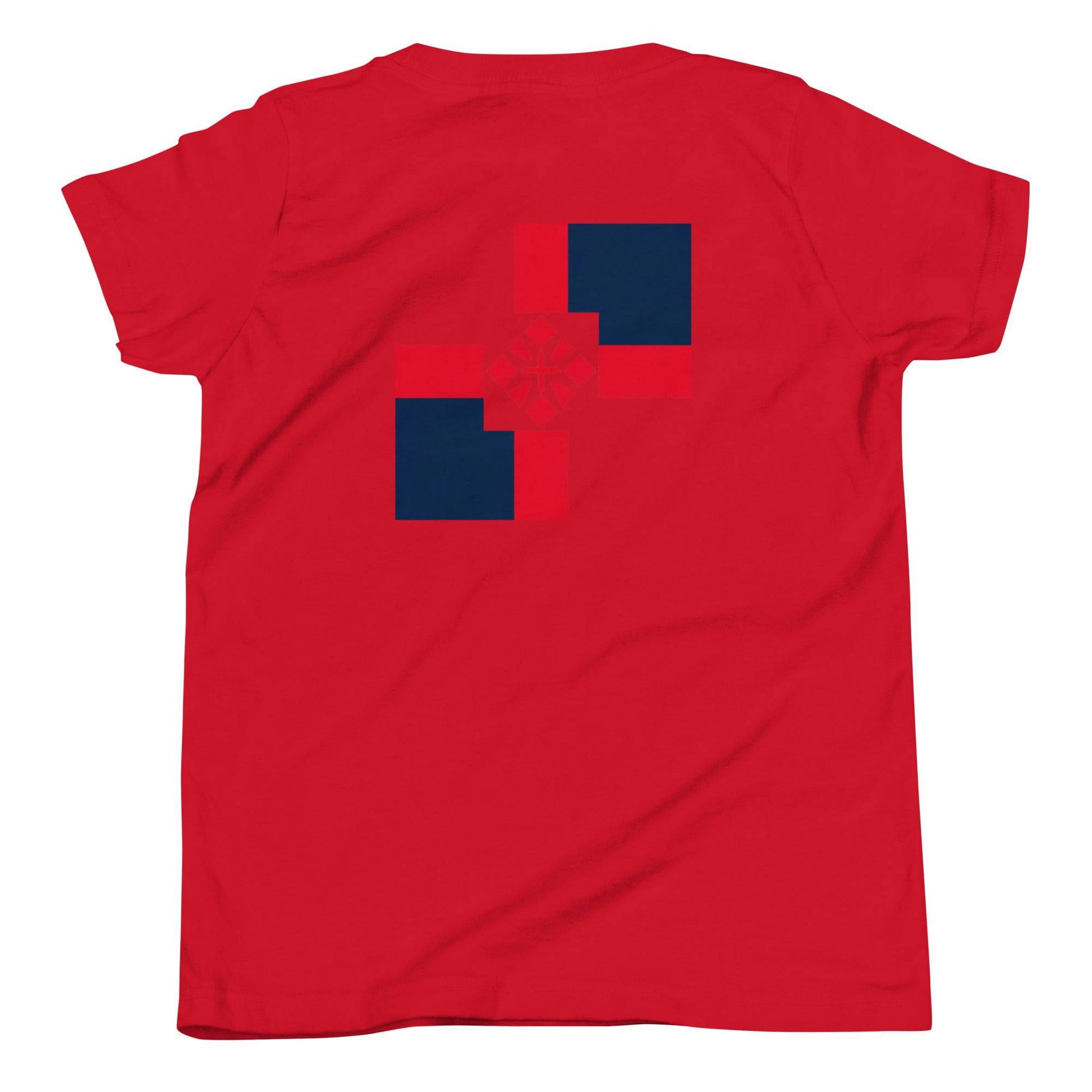 a red t - shirt with blue squares on it