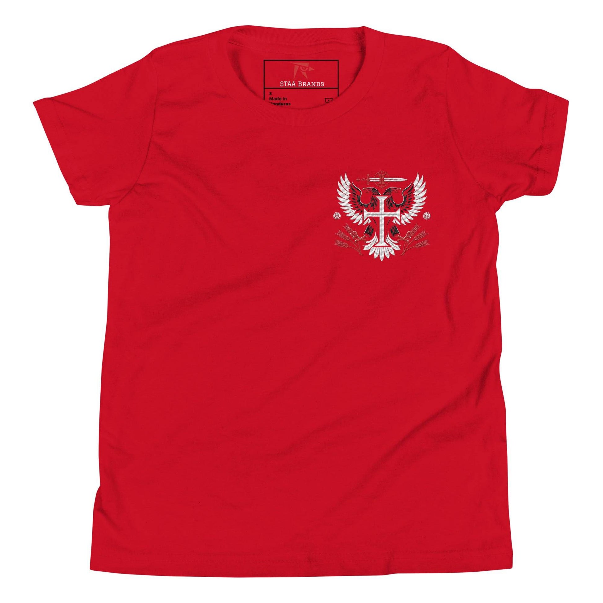 a red t - shirt with the emblem of a cross on it