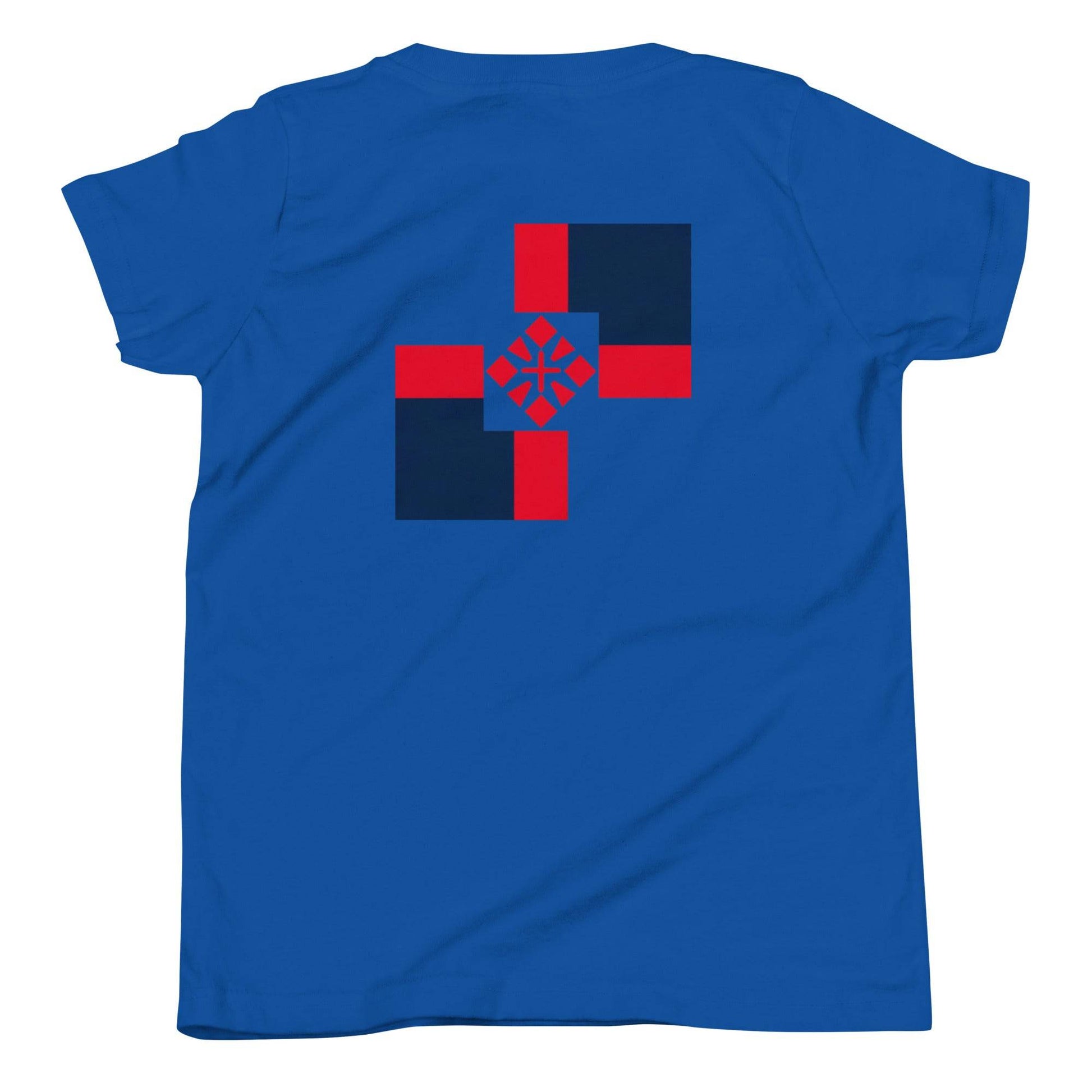 a blue t - shirt with a red cross on it