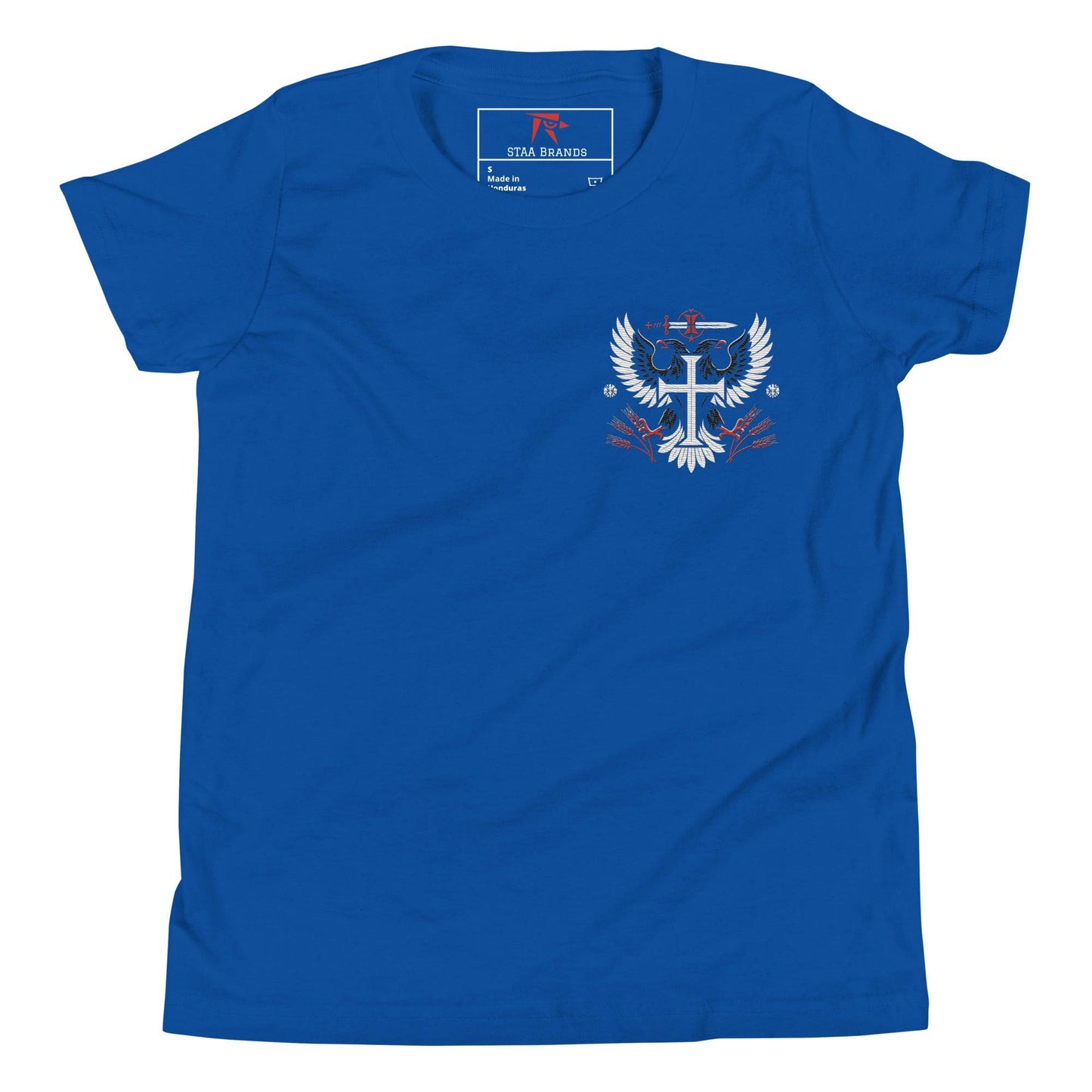 a blue t - shirt with an eagle and cross on it