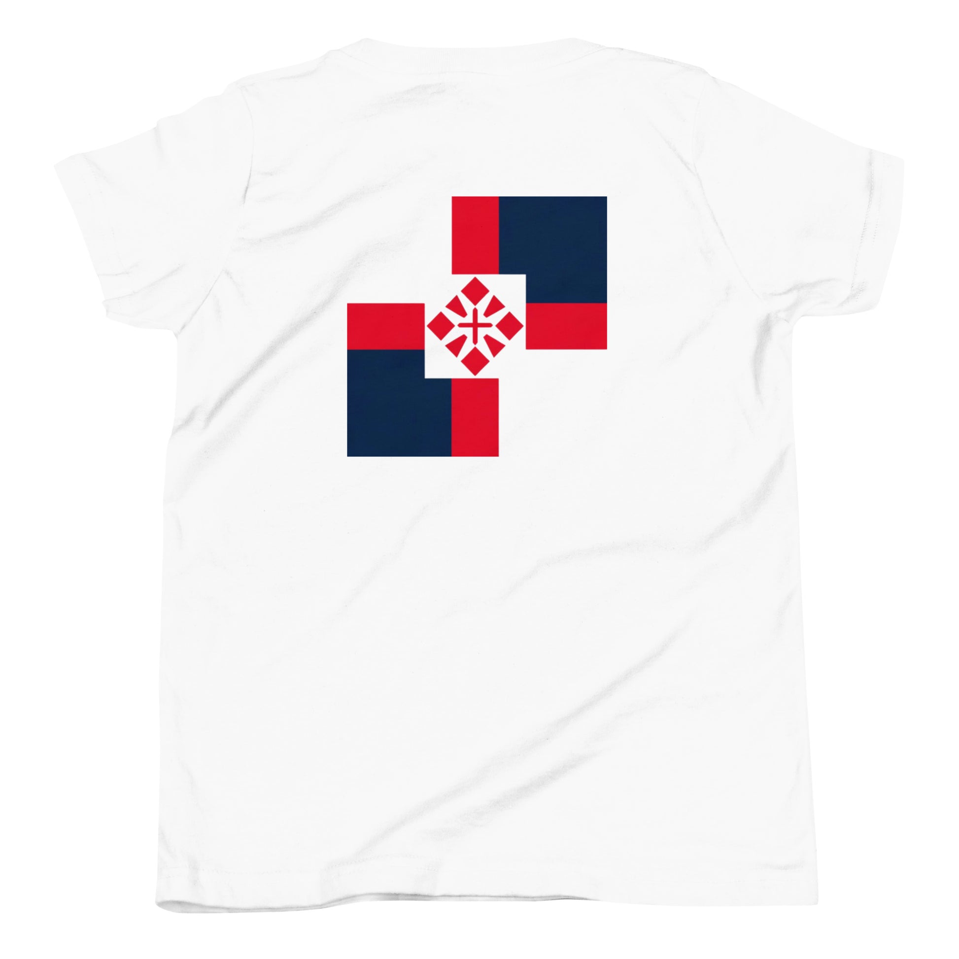 a white t - shirt with a red, white and blue design